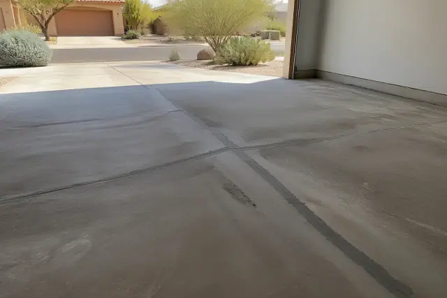 Prepped two-car garage concrete floor with crack repairs and desert landscape view in Tucson, AZ.
