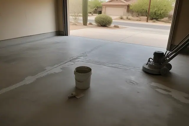 Concrete floor repair and resurfacing tools in a residential garage with xeriscaping visible in Tucson, AZ.