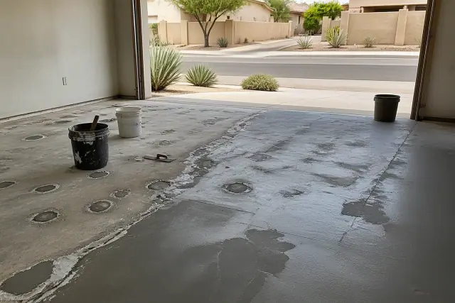 Epoxy floor repair in a residential garage in South Tucson, AZ, featuring patching compound and mixing buckets.