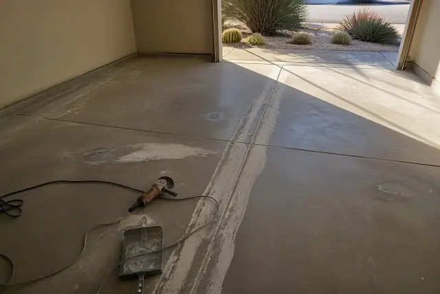 Concrete floor prepped for epoxy repair in a residential garage in Marana, AZ with desert succulents outside the door.