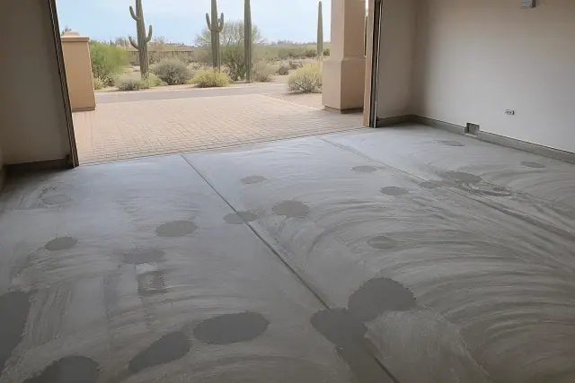 Concrete garage floor prepped for epoxy installation in a Casas Adobes, AZ home with desert landscaping in the background.