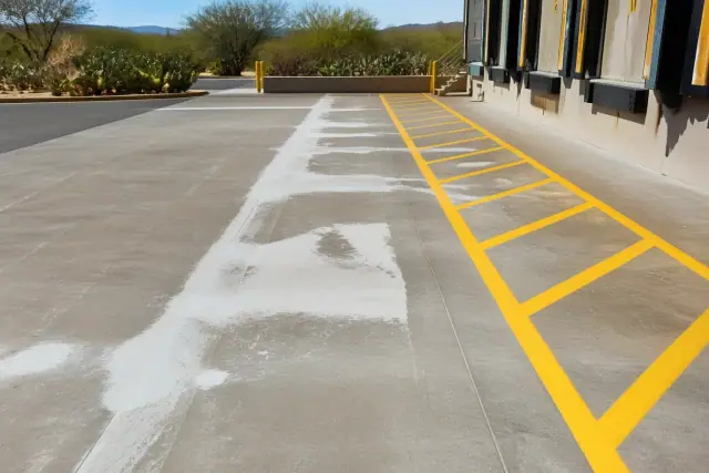 Industrial concrete warehouse floor undergoing repair and resurfacing for epoxy coating in Tucson, AZ.