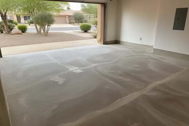 Concrete floor in a Sahuarita, AZ residential garage prepared with crack-fill patches and grinding for an epoxy finish.