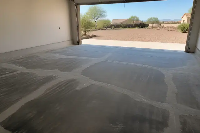 Empty two-car residential garage floor with crack repairs and sanding prep in progress in Vail, AZ.