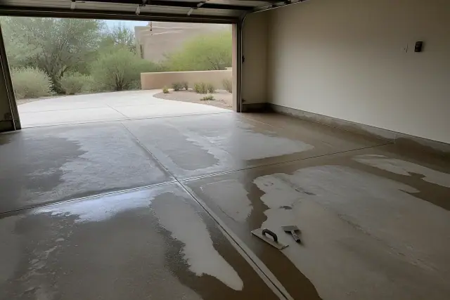 Concrete floor prepped for epoxy resurfacing in a residential garage in Tanque Verde, AZ.