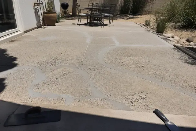 Concrete patio surface showing repair work and patching compound at a backyard in Tucson, AZ.