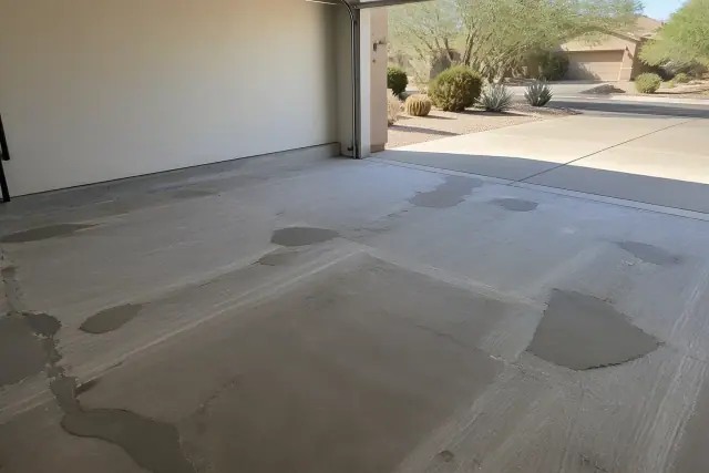 Prepped garage floor with concrete repairs and sanding for an epoxy project in Oro Valley, AZ.