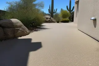 Textured anti-slip polyaspartic coating on an outdoor walkway with saguaro cacti in Tucson, AZ.