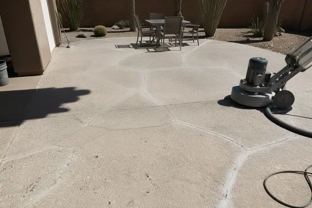 Concrete repair and surface preparation on a backyard patio in Tucson, AZ, featuring a floor grinder and crack filler.