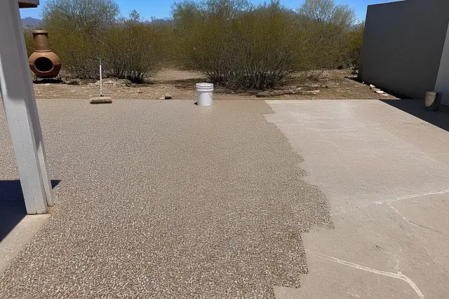 Concrete backyard patio undergoing decorative flake coating repair in Tucson, AZ.