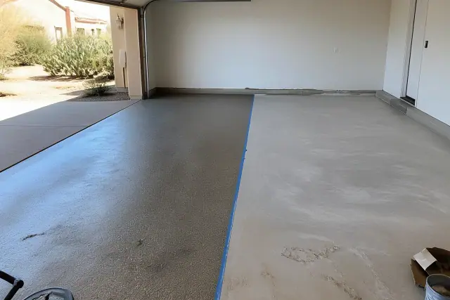 Side-by-side comparison of DIY thin film and full broadcast flake floor systems in a Tucson, AZ residential garage.