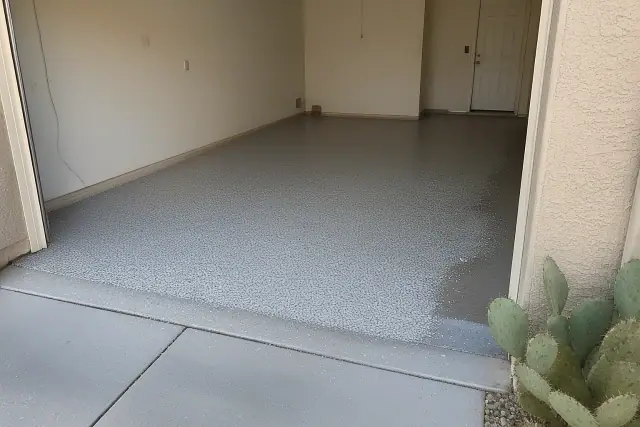 Epoxy basecoat with flake broadcast on a residential garage floor in Tucson, AZ, with prickly pear cactus outside.