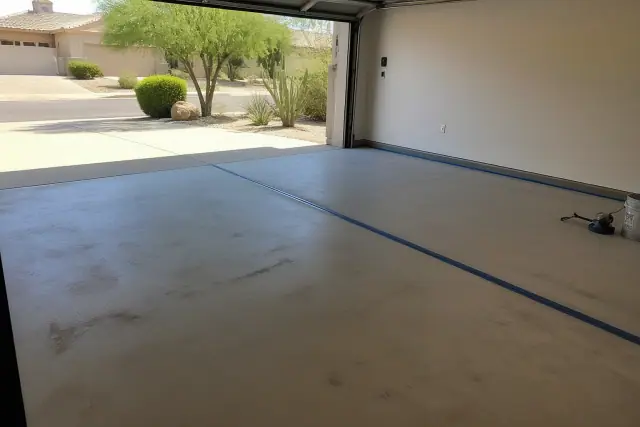 An empty two-car residential garage floor prepped for epoxy in Tucson, AZ with desert landscaping visible outside.