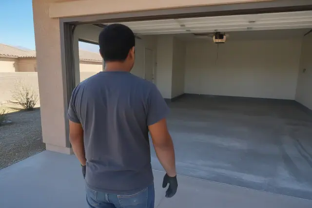 An epoxy technician preparing a residential garage floor for a decorative flake finish in Tucson, AZ.