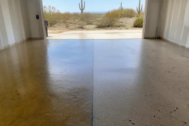 Split-view epoxy and polyaspartic garage floor coating in a Tucson, AZ residential home.
