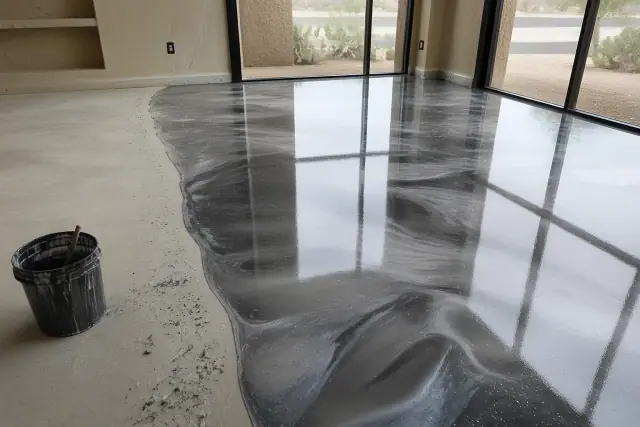 Metallic epoxy flooring installation on a concrete retail floor in Tucson, AZ with cacti visible through the window.