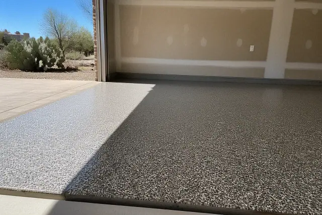 Epoxy flake concrete floor installation in a two-car residential garage in Tucson, AZ.
