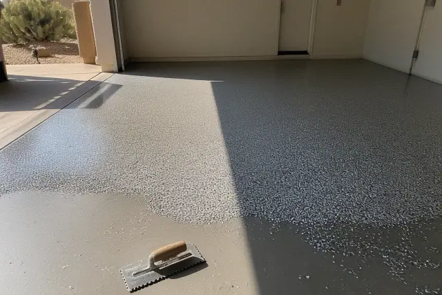 Prepped concrete garage floor with scattered epoxy flakes and a notched trowel in Drexel Heights, AZ.