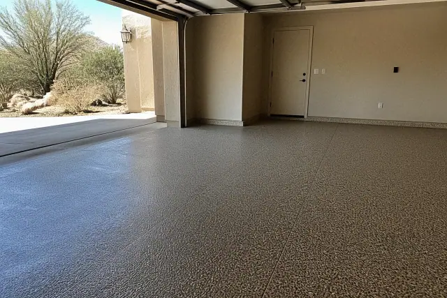 Freshly applied flake epoxy flooring in a two-car residential garage in Oro Valley, AZ.