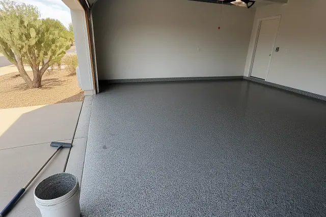 Two-car residential garage in South Tucson, AZ with a finished gray, white, and black epoxy flake floor and work tools.