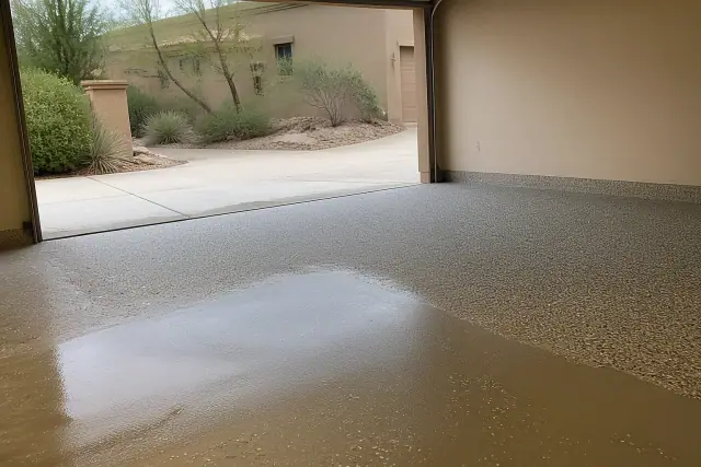 Concrete floor with polymer flakes being prepped for an epoxy coating in a residential garage in Tanque Verde, AZ.