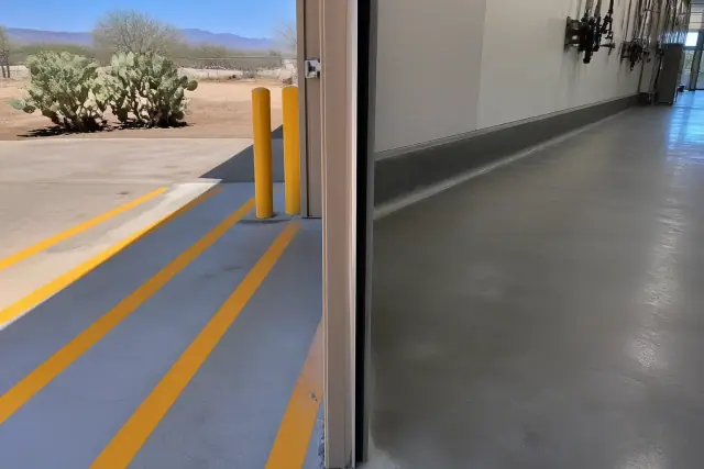 Industrial concrete floor with safety markings for a forklift aisle and kitchen cove base in Tucson, AZ.