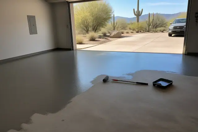 A two-car residential garage in Catalina Foothills, AZ with a concrete floor base coat and epoxy rollers.