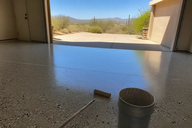Residential garage floor with epoxy base coat and decorative flakes in Tucson, AZ, with a paint roller and bucket nearby.