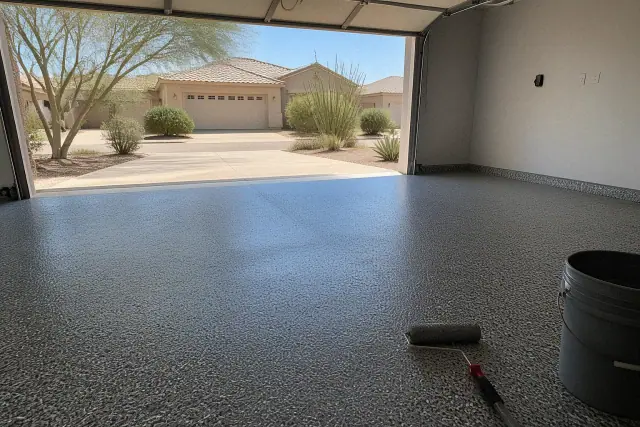 Concrete garage floor with a multi-colored flake base coat during installation at a home in Sahuarita, AZ.
