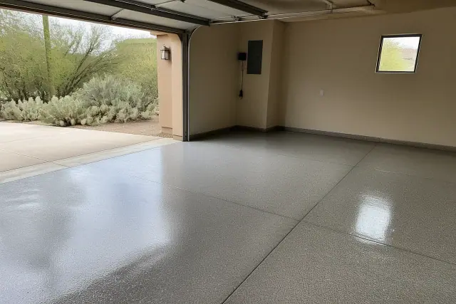 Freshly applied high-gloss epoxy base coat on a residential garage floor in Tucson, AZ with cacti visible outside.