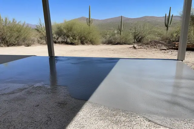 Epoxy coating application on a residential backyard concrete patio in Tucson, AZ, with desert landscape in the background.