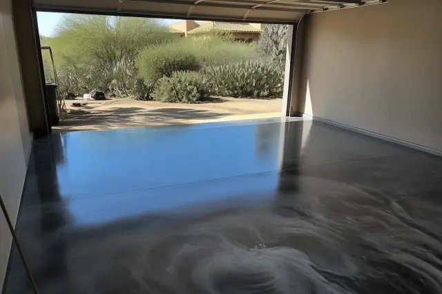 Freshly applied metallic epoxy garage floor in a residential home in Tucson, AZ.