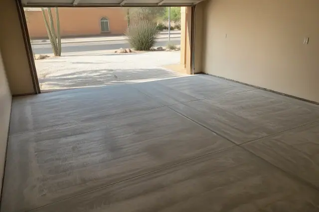 Prepped concrete floor in a two-car residential garage before a flake epoxy finish in South Tucson, AZ.
