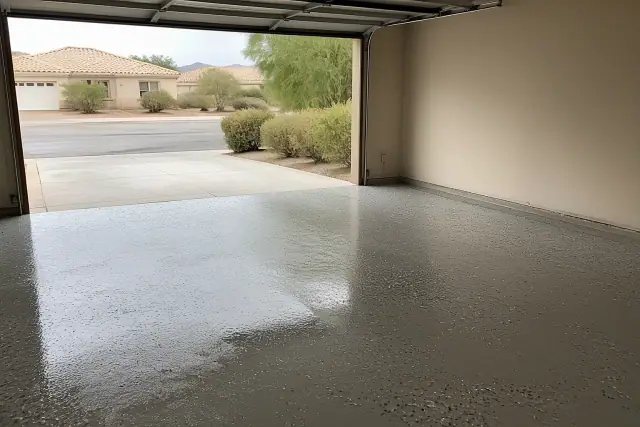 Garage floor epoxy application with decorative flakes in a residential garage in Marana, AZ.