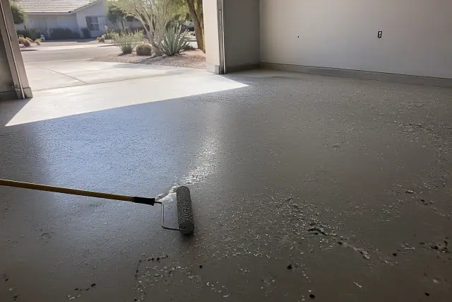Prepped residential garage floor with flake epoxy materials and an applicator in Tucson, AZ.