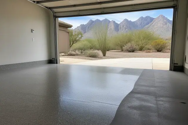 Empty two-car garage with a partially applied epoxy floor finish and view of Pusch Ridge in Oro Valley, AZ.