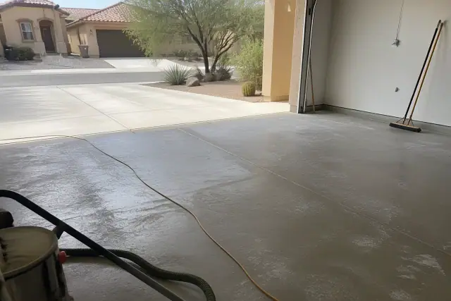 Empty residential garage with a prepared concrete floor in Tucson, AZ, viewed from the street.
