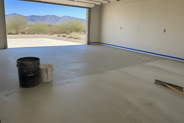Empty residential garage floor in Vail, AZ prepared for epoxy coating with mixing buckets and taped baseboards.