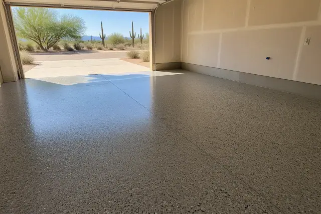 Epoxy base coat with decorative flakes on a prepped garage floor in Tucson, AZ, with cacti visible outside.