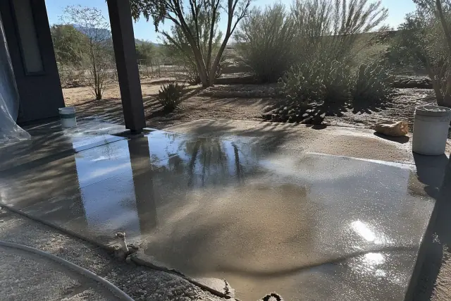 A concrete patio with standing water and prickly pear cacti under bright sunlight in a backyard in Tucson, AZ.