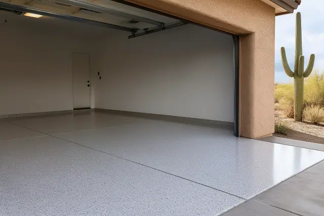 Glossy decorative flake garage floor in a Tucson, AZ home with a view of a Saguaro cactus through the open door.