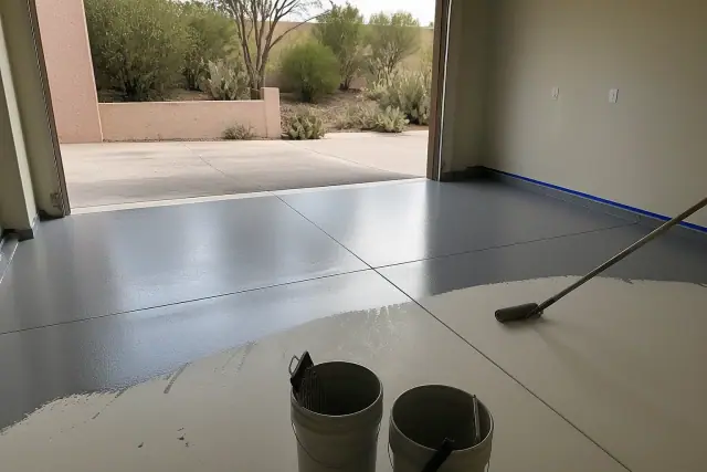 Residential garage floor prepped for industrial epoxy coating in Tucson, AZ with mixing buckets and tools.