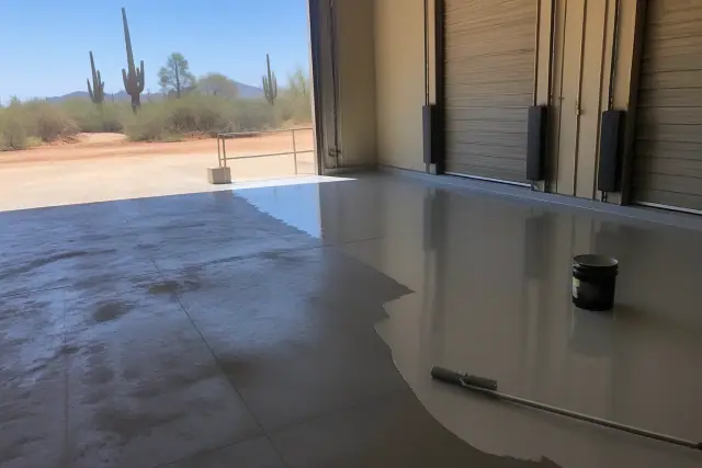 Half-applied industrial epoxy flooring on a warehouse loading dock in Tucson, AZ, with saguaro cacti in the background.