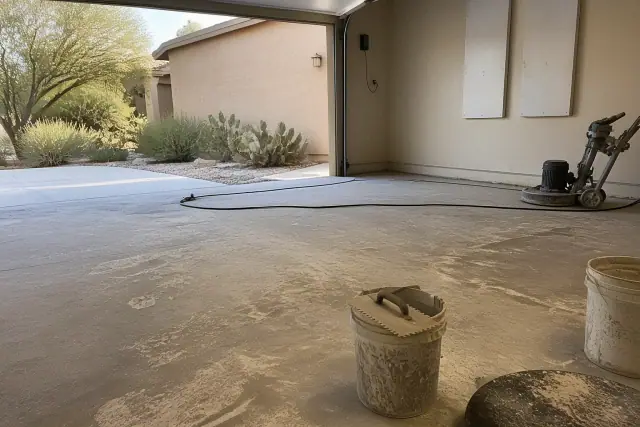 Empty two-car garage with prepped concrete floor, tools, and view of desert landscape in Oro Valley, AZ.