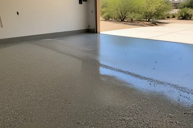 Industrial epoxy flooring with decorative flakes being applied to a residential garage floor in Sahuarita, AZ.