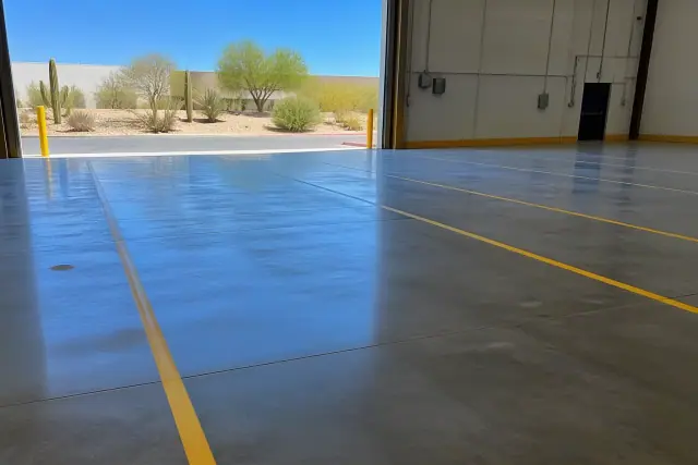 Industrial warehouse concrete floor with safety zones prepared for epoxy coating in Tucson, AZ.