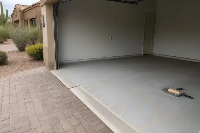 Two-car garage in Vail, AZ prepped for industrial epoxy flooring with paint rollers and stenciled hazard zone.