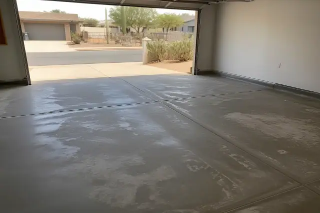 Empty residential two-car garage with concrete floors prepped for epoxy in Drexel Heights, AZ.