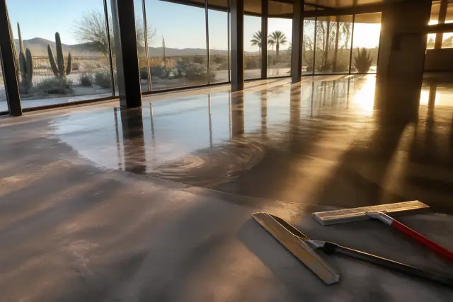 Metallic epoxy flooring installation on a concrete floor during golden hour in Tucson, AZ.