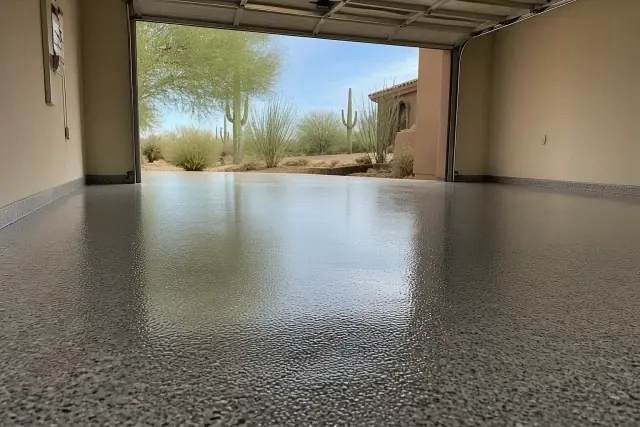 High-gloss industrial epoxy flooring in a residential two-car garage in Tanque Verde, AZ.